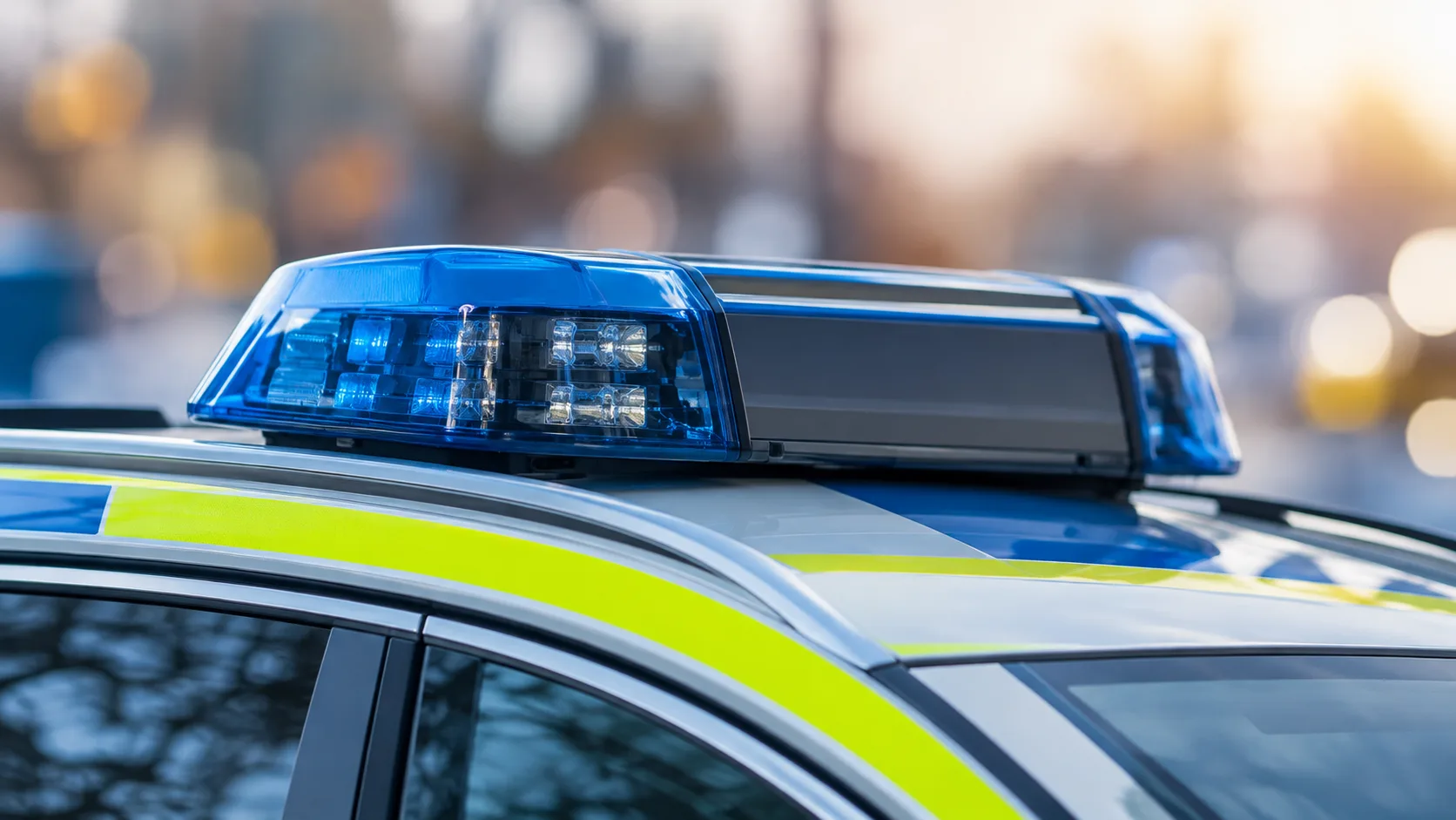Blaulichtanlage auf dem Dach eines neutralen Polizeifahrzeugs vor unscharfem Hintergrund.