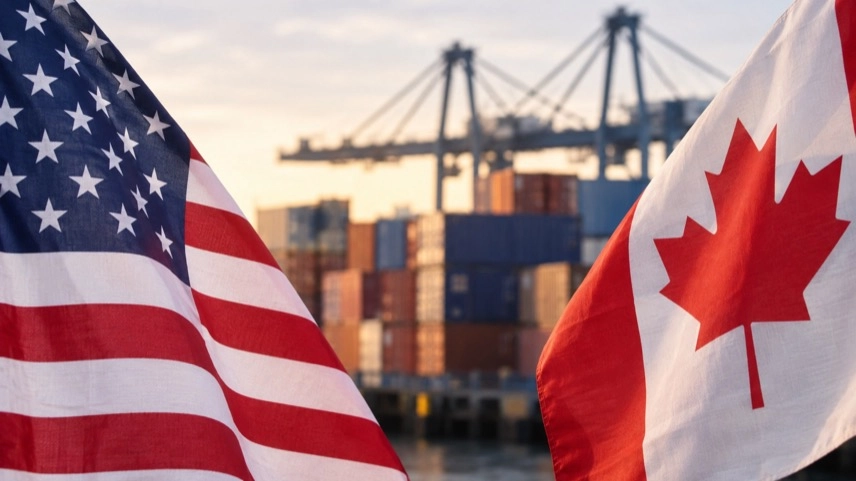 Transportkisten und Waren zwischen US- und Kanada-Fähnchen als Darstellung des Handels zwischen USA und Kanada