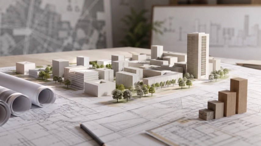 Abstraktes Stadtmodell mit Bauplänen und Architekturmodellen als Symbol für die Neuentwicklung eines innerstädtischen Quartiers.