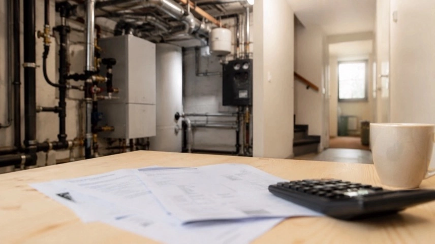 Heizungsanlage in Mehrfamilienhaus mit Heizkörpern und Unterlagen zu Heizkosten und Wohnungsmodernisierung
