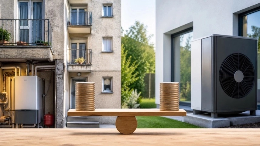 Mehrfamilienhaus mit Heizsystem und moderner Wärmepumpe, symbolische Kostenaufteilung zwischen Mietern und Vermietern