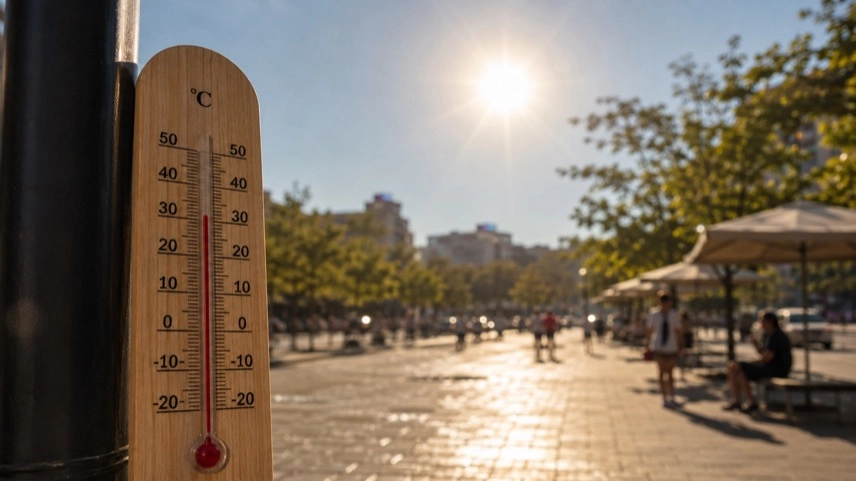 Menschen im Schatten einer Stadtstraße bei starker Sonne und hohen Temperaturen während einer Hitzewelle in Deutschland