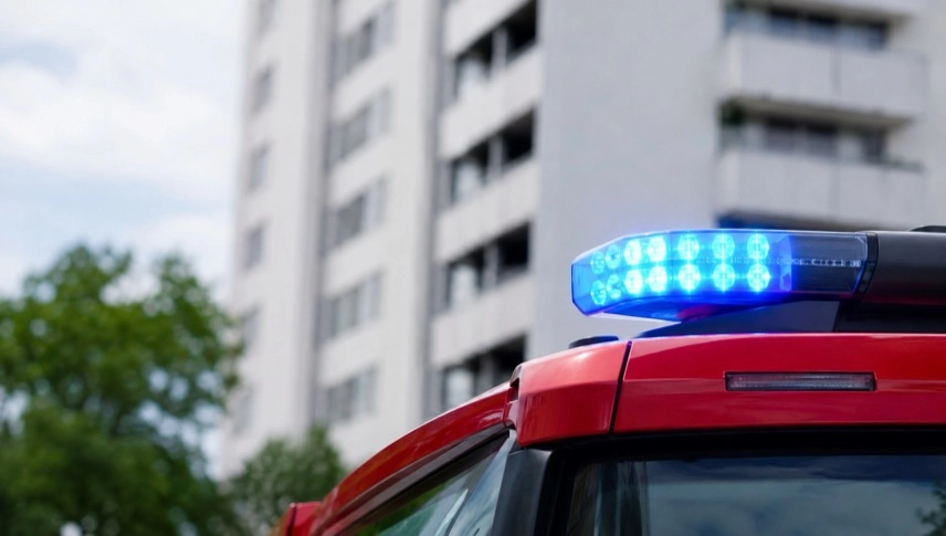 Neutrales Feuerwehrfahrzeug vor unscharfem urbanem Hintergrund als Motiv zum Thema Hochhausbrand