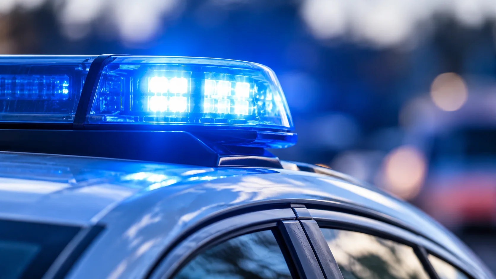 Blaues Polizeiblaulicht auf einem Einsatzfahrzeug vor neutralem, unscharfem Hintergrund.