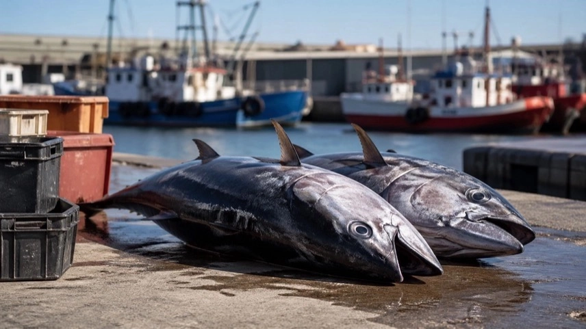 Zwei große Thunfische liegen in einem Hafen neben Fischkisten, im Hintergrund Boote und Hafenanlagen