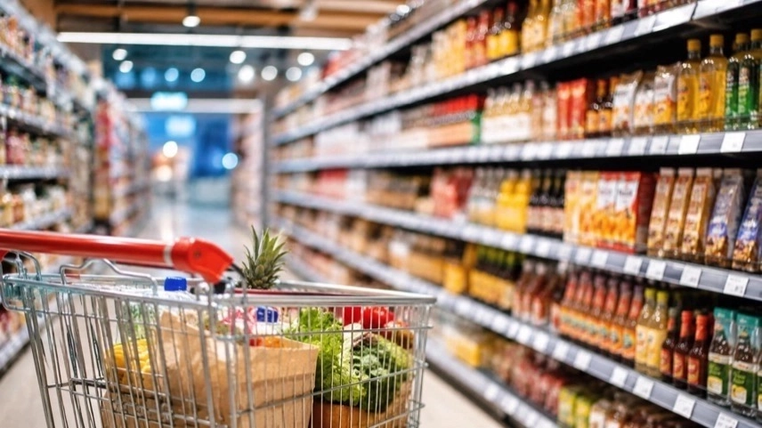 Supermarkt mit Einkaufswagen und Konsumgütern als Darstellung steigender Preise und Inflation 2026 im Einzelhandel