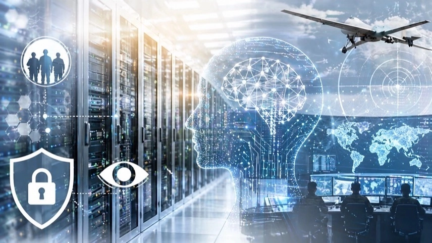 Serverraum mit KI-Datenvisualisierung und angedeuteter militärischer Umgebung im Hintergrund