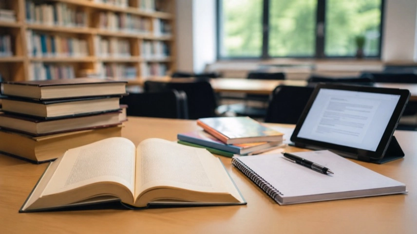 Aufgeschlagenes Literaturbuch neben Interpretationshilfen und digitalem Lernmaterial im Deutschunterricht