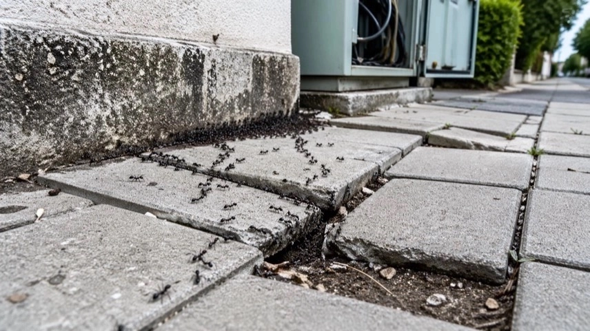Abgesenkter Gehweg mit Ameisenstraßen nahe Hausfundament und Stromkasten in Karlsruhe durch Große Drüsenameise