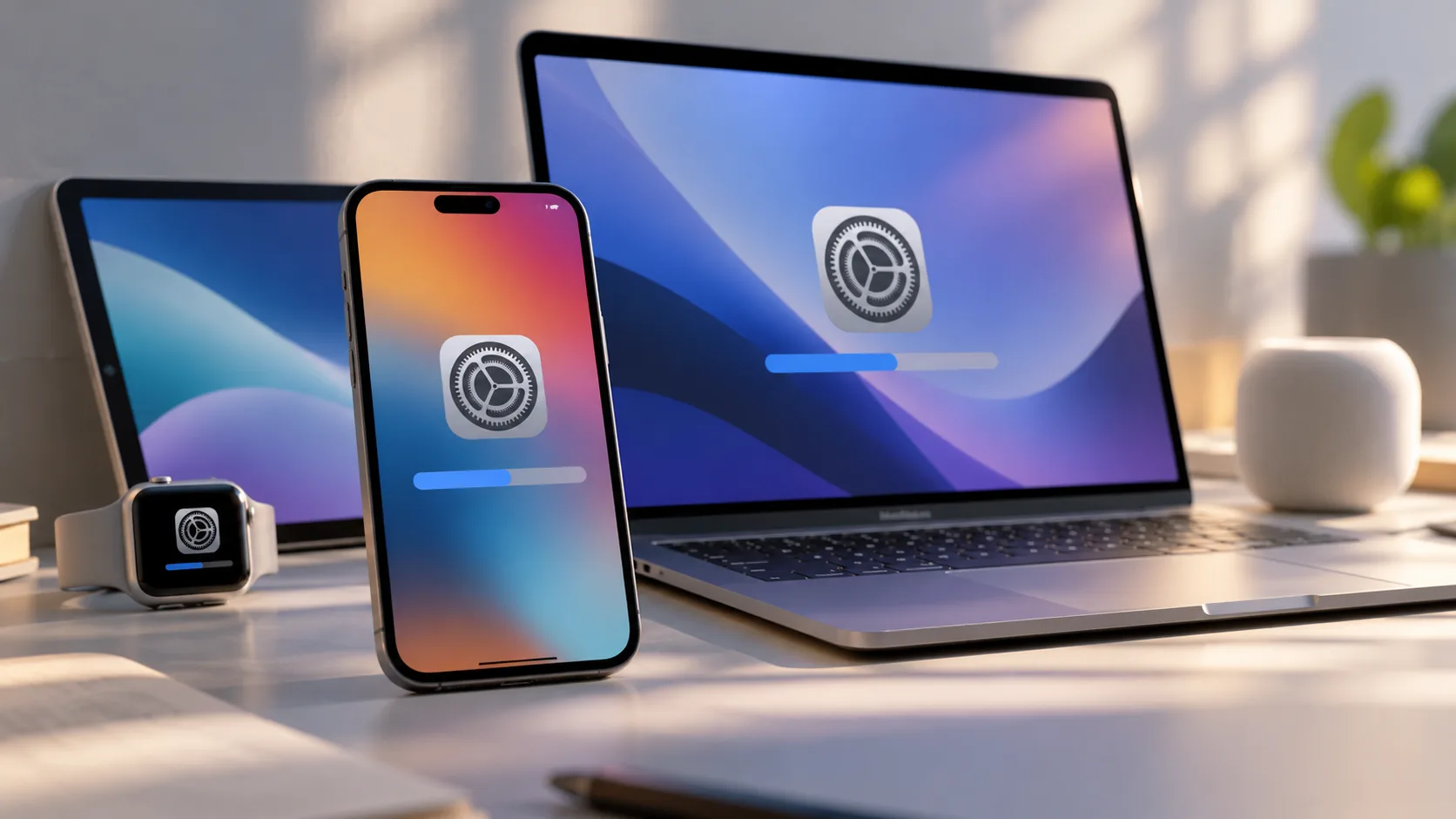 Smartphone und Laptop auf einem Schreibtisch mit geöffneten Systemeinstellungen und Softwareupdate-Anzeigen.