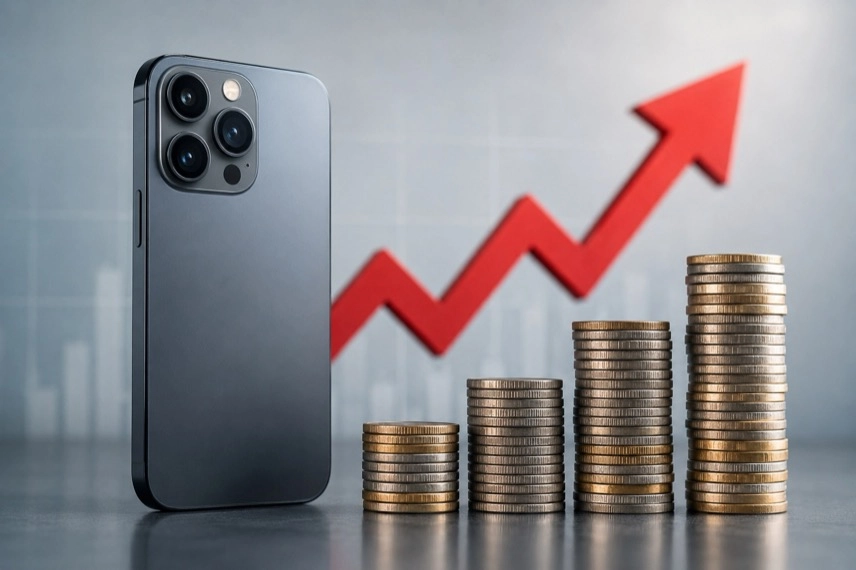 Modernes Premium-Smartphone neben Mikrochips und Speicherbausteinen als Symbol für steigende Chipkosten