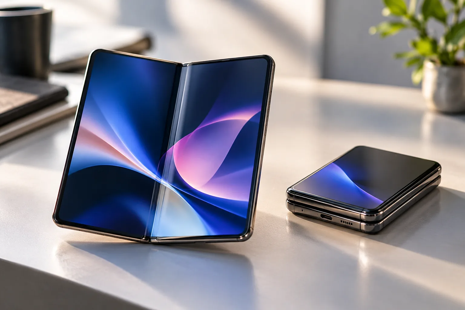 Zwei faltbare Smartphones auf einem Schreibtisch, eines aufgeklappt mit großem Display, eines zusammengefaltet.