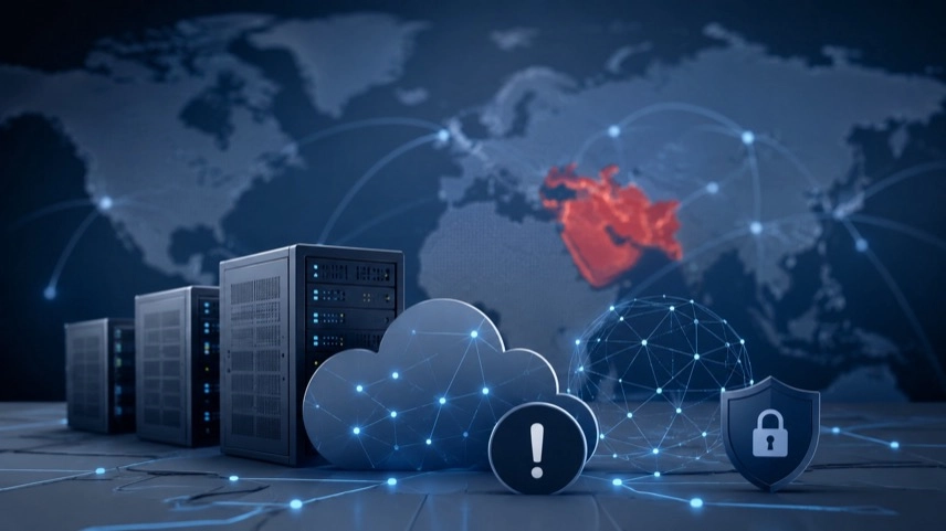 Abstrakte Cloud-Infrastruktur mit stilisierten Servern, Netzwerksymbolen und digitaler Weltkarte zum Thema AWS und Bahrain.
