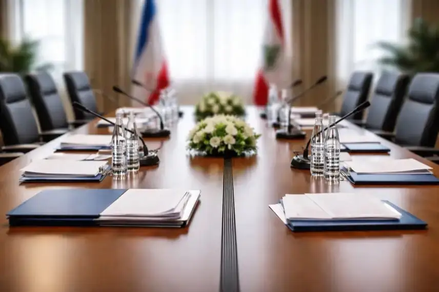 Konferenzraum mit Verhandlungstisch und Dokumenten, Symbol fuer Gespraeche zwischen Israel und Libanon