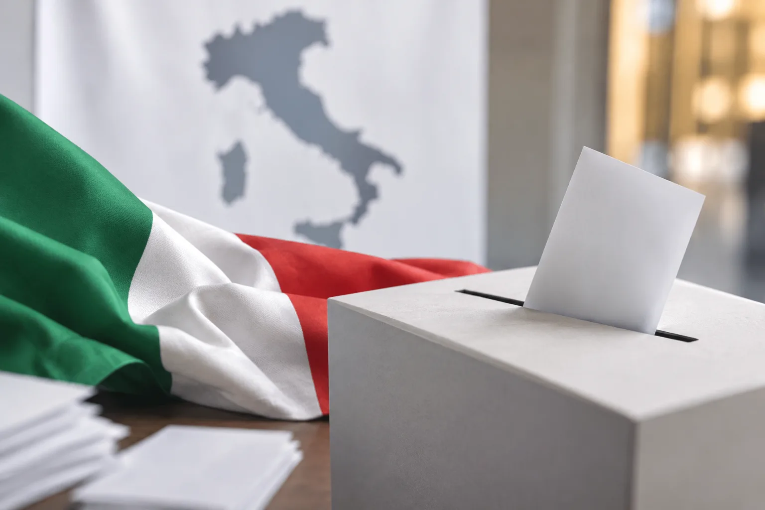 Wahlurne mit Stimmzetteln und italienischen Nationalfarben als Motiv zum Wahlrecht in Italien.