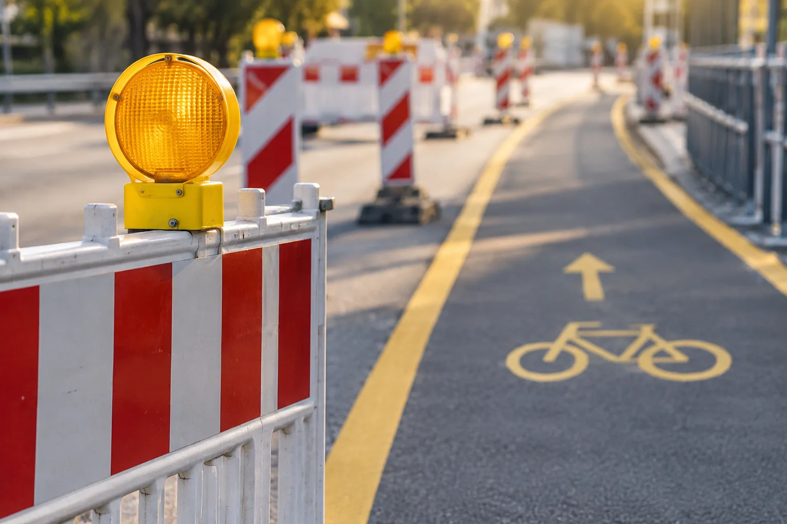 Baustellenabsperrung an einer Hauptstraße mit Radweg und verengter Fahrbahn für den Autoverkehr.