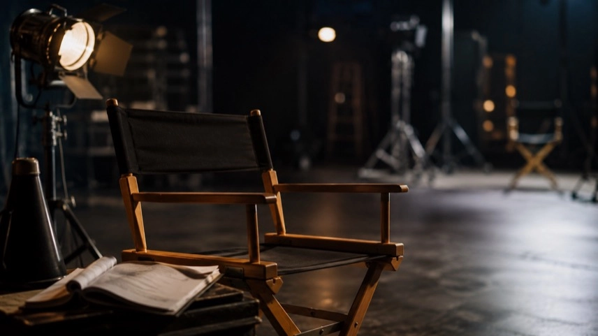 Leerer Regiestuhl auf Filmset mit Drehbuch und Studiobeleuchtung als Symbol für Schauspieler James Handy