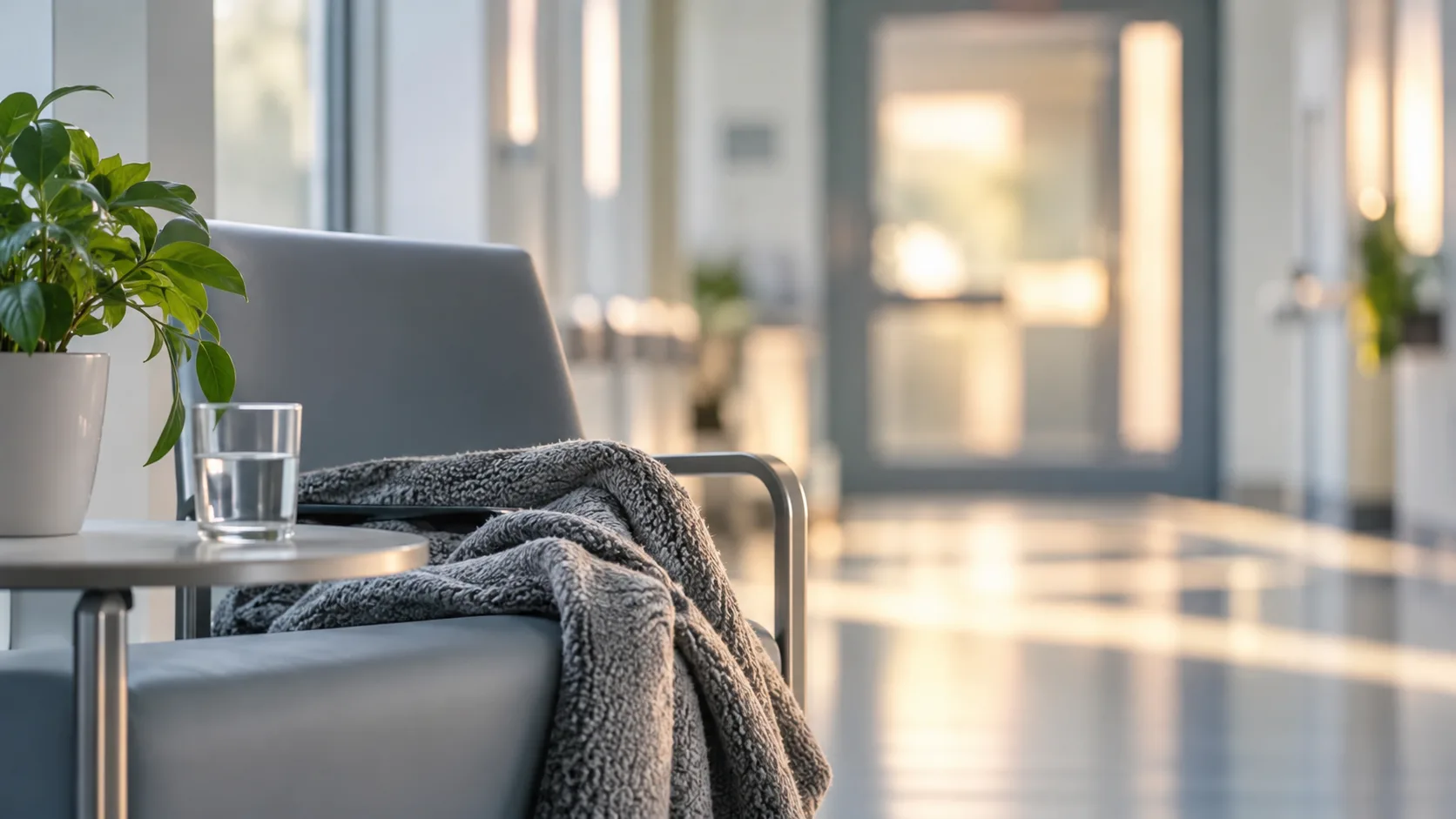 Leerer Stuhl und Wasserglas in einem neutralen Krankenhausflur mit geschlossener Tür im Hintergrund.