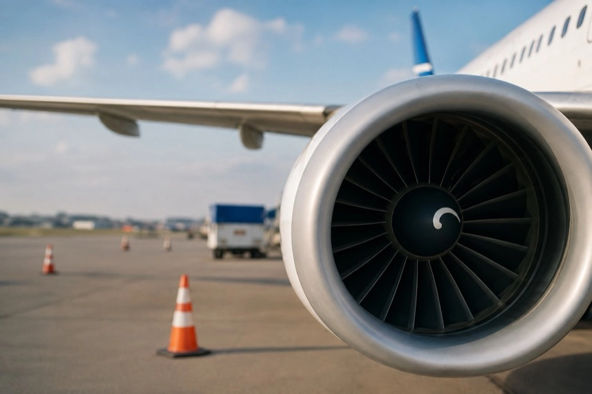 Rettungsfahrzeug vor einem Passagierflugzeug auf einem neutralen Flughafengelände.