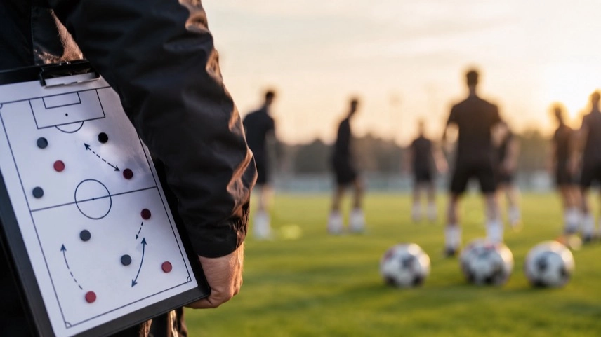 Anonymer Fußballtrainer beobachtet Spieler beim Training auf einem neutralen Fußballplatz.