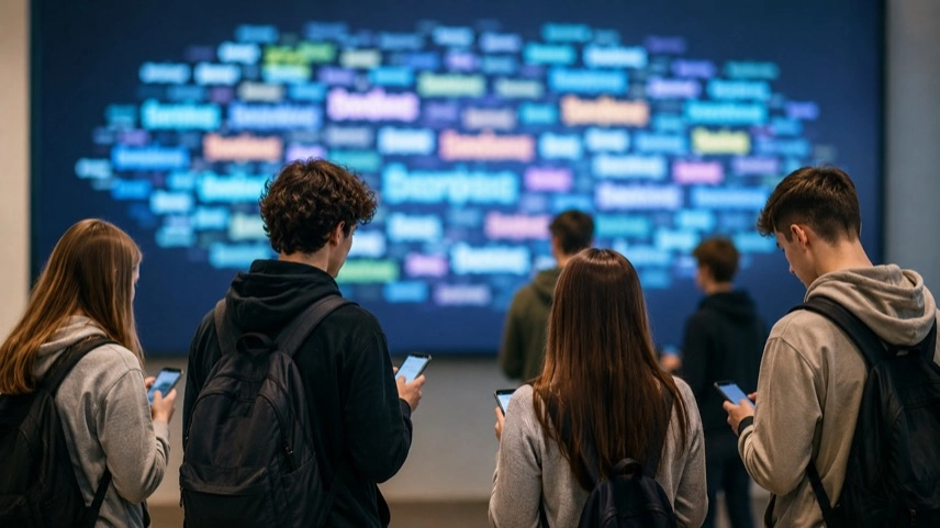Jugendliche betrachten digitale Wortwolke mit aktuellen Jugendbegriffen und Diskussionen zum Jugendwort 2026