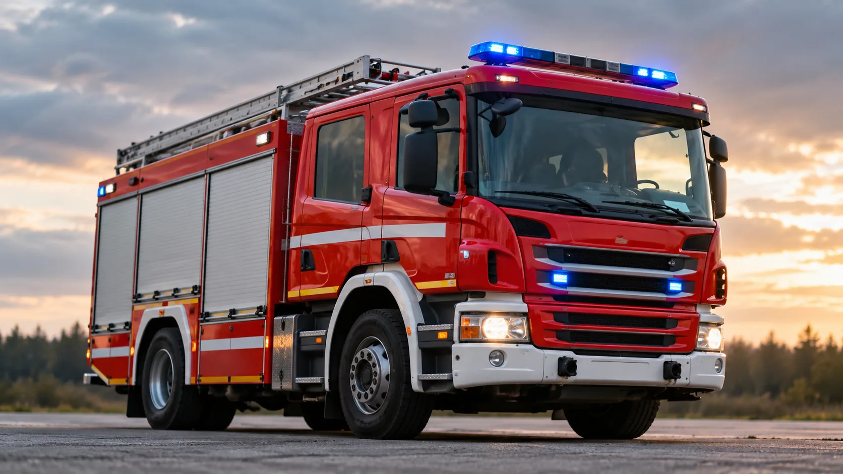 Rotes Feuerwehrfahrzeug auf freier Fläche vor Bäumen und bewölktem Himmel, ohne sichtbaren Einsatz oder Brand.