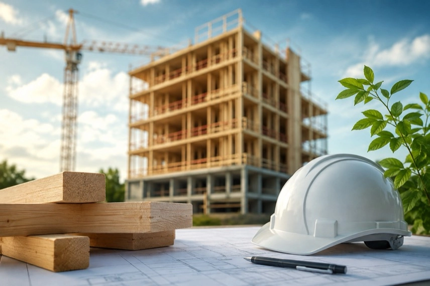 Holz-Hybrid-Hochhaus im Bau mit Holzelementen und Betonkern als Beispiel für modernes nachhaltiges Bauen.