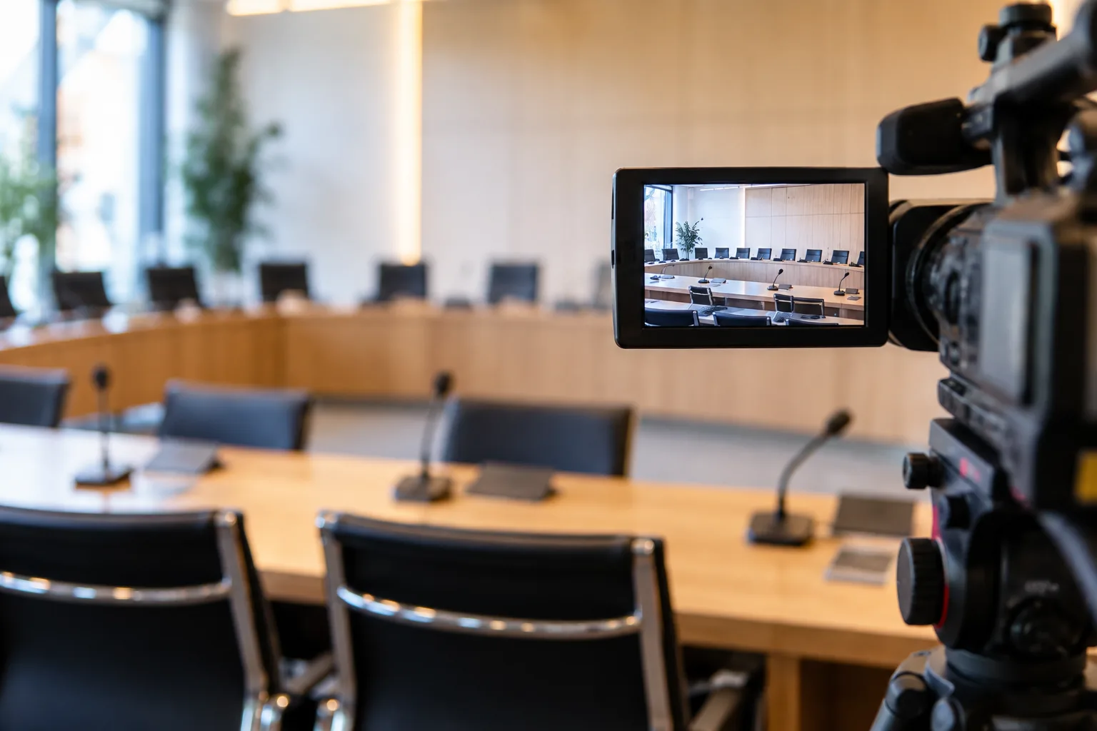 Leerer Sitzungssaal mit Mikrofonen und Bildschirm für einen Gemeinderat-Livestream.