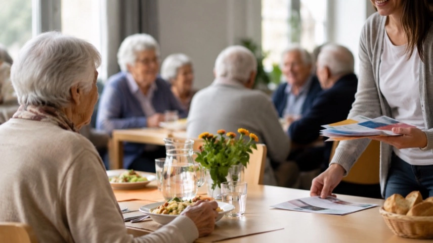 Ältere Menschen an einem Gemeinschaftstisch bei einem Mittagessen mit Beratungsangeboten zur sozialen Teilhabe