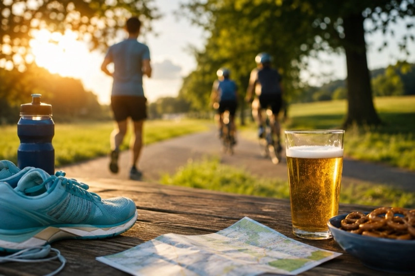 Biergläser und anonyme Besucher auf einer sommerlichen Veranstaltungsfläche als Motiv für Wochenendtipps in Karlsruhe.
