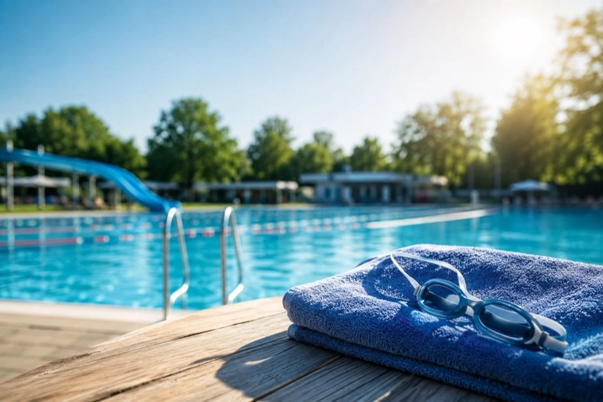 Schwimmbecken eines Freibads mit Startblöcken, Schwimmleinen und Badegästen an einem sonnigen Sommertag.