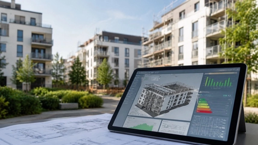 Digitale Gebäudedaten vor Wohnhäusern zur KI-gestützten energetischen Gebäudesanierung in Karlsruhe