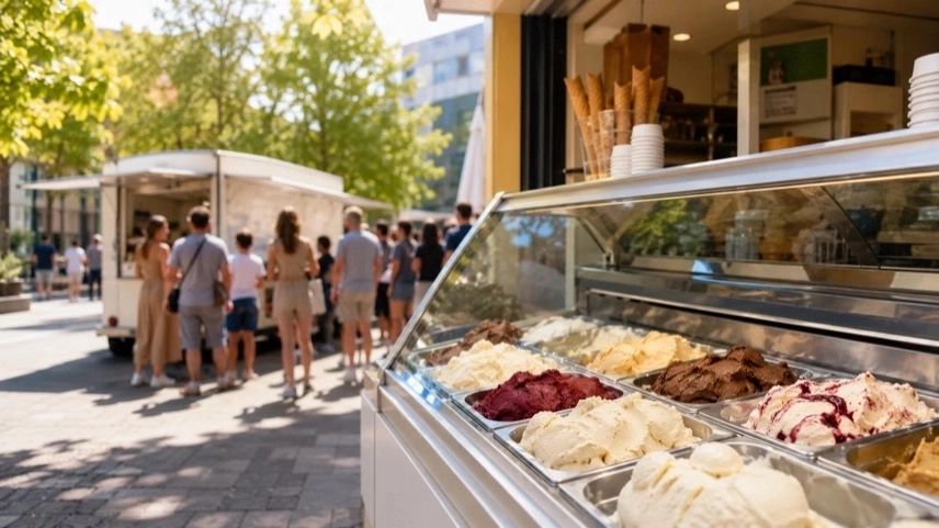 Handwerkliches Eiscafé mit Eiswagen und wartenden Gästen in Karlsruhe-Weststadt an einem sonnigen Nachmittag