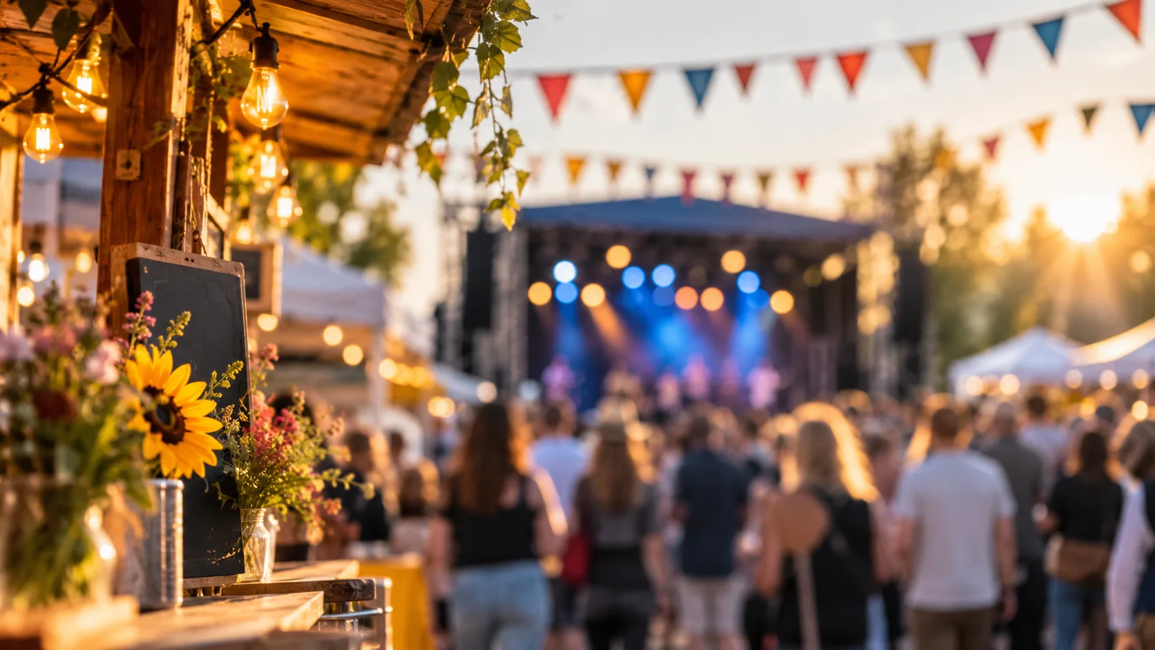 Belebtes Stadtfest mit Marktständen, kleiner Bühne und Besuchern in einer Fußgängerzone