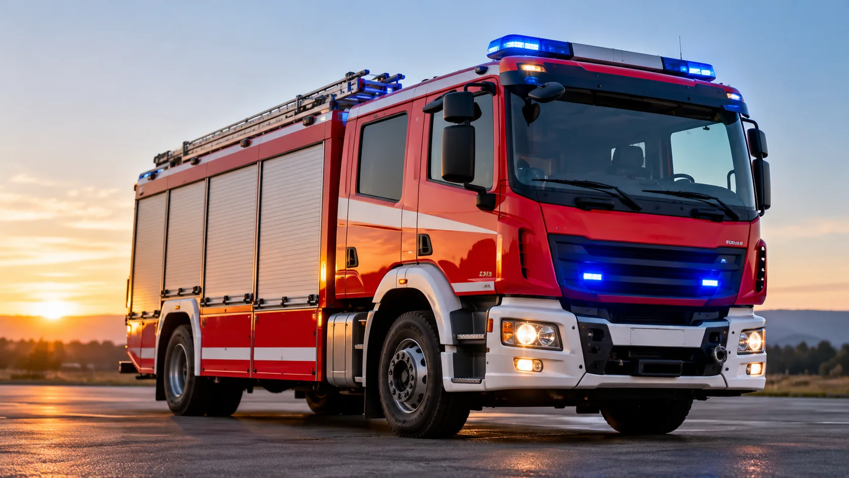 Neutrales Feuerwehrfahrzeug auf freier Fläche ohne Einsatzkräfte, Flammen oder Rauch.