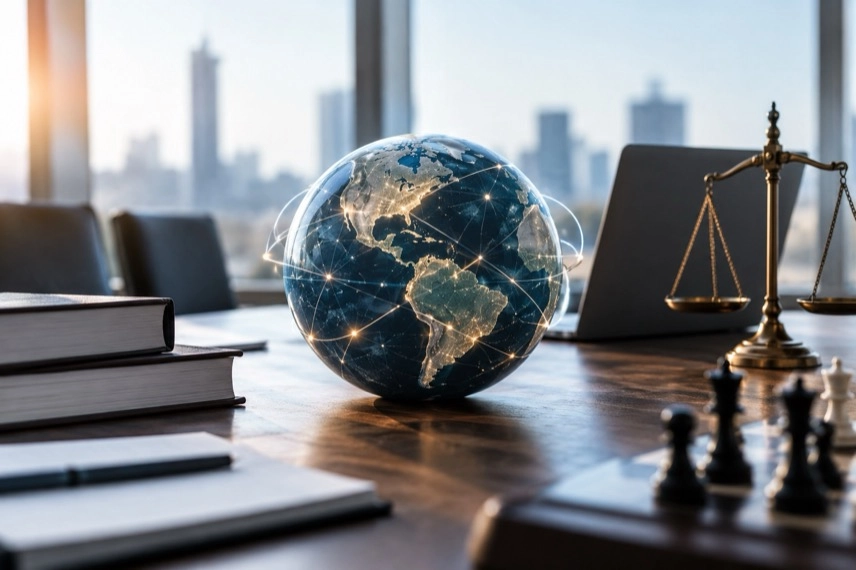 Arbeitsplatz mit abstrakten KI-Daten auf Bildschirmen und Dokument für Sicherheitsprüfungen bei der KI-Entwicklung