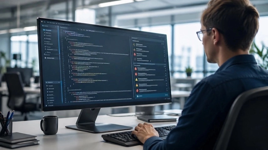 Moderner Arbeitsplatz mit Codeanalyse auf Bildschirm für KI-gestützte Code-Sicherheit in Unternehmen