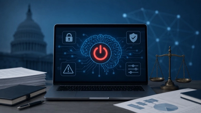 Abstrakte Darstellung eines Computers mit Datengrafiken und Sicherheitssymbolen zum Thema KI-Kill-Switch und KI-Regulierung.