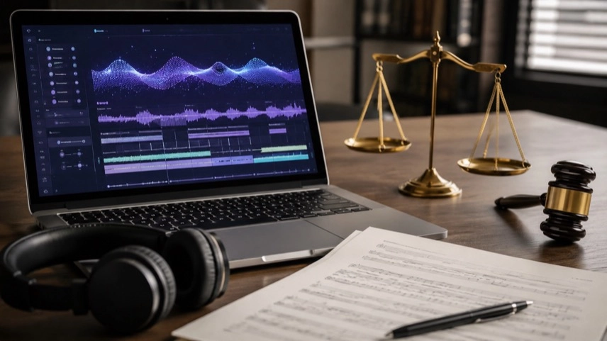 Laptop mit Musiksoftware, Kopfhörern und Notenblatt zum Thema KI-Musik und Urheberrecht