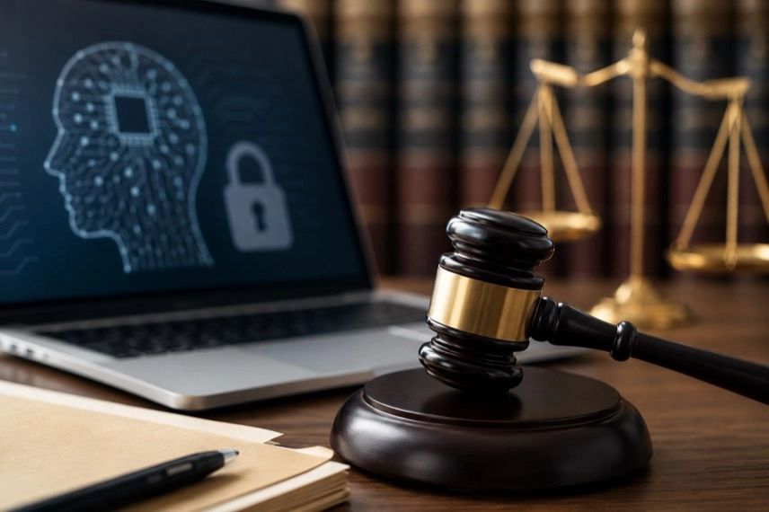 Waage, Dokumente und Laptop mit abstrakten Datenblöcken als Darstellung geschützter KI-Reasoning-Spuren