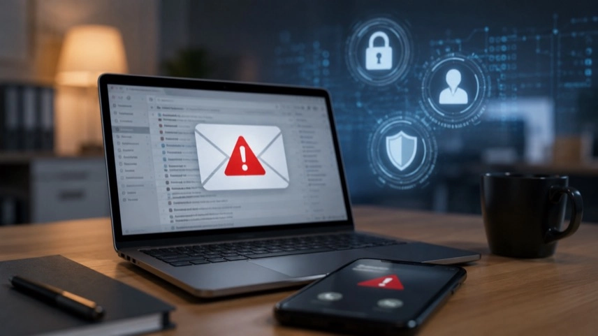 Laptop mit E-Mails und Smartphone auf Schreibtisch, Symbol für KI-Phishing, Cyberkriminalität und digitale Sicherheit