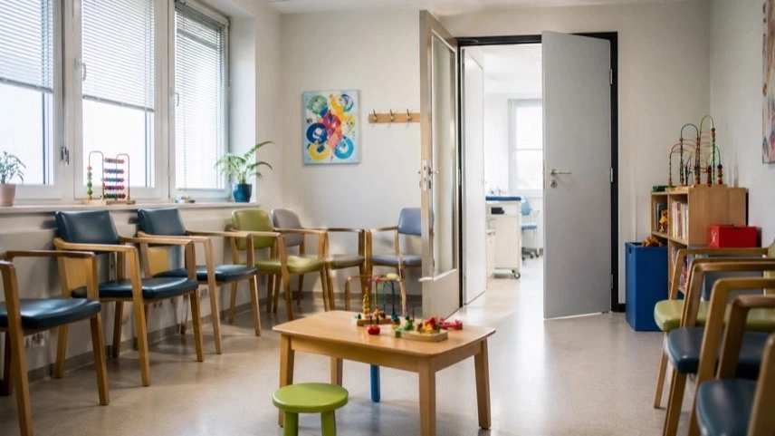 Wartezimmer Kinderarztpraxis mit Stühlen und Spielzeug, viele Patientenplätze, Symbol für Kinderarztmangel in Baden-Württemberg