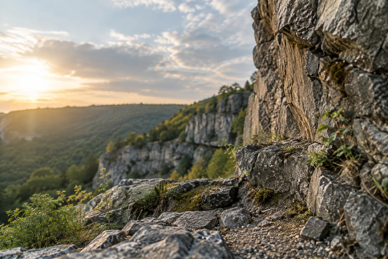 Natürliche Felswand mit steinigem Untergrund und vereinzelten Pflanzen in felsigem Klettergelände.