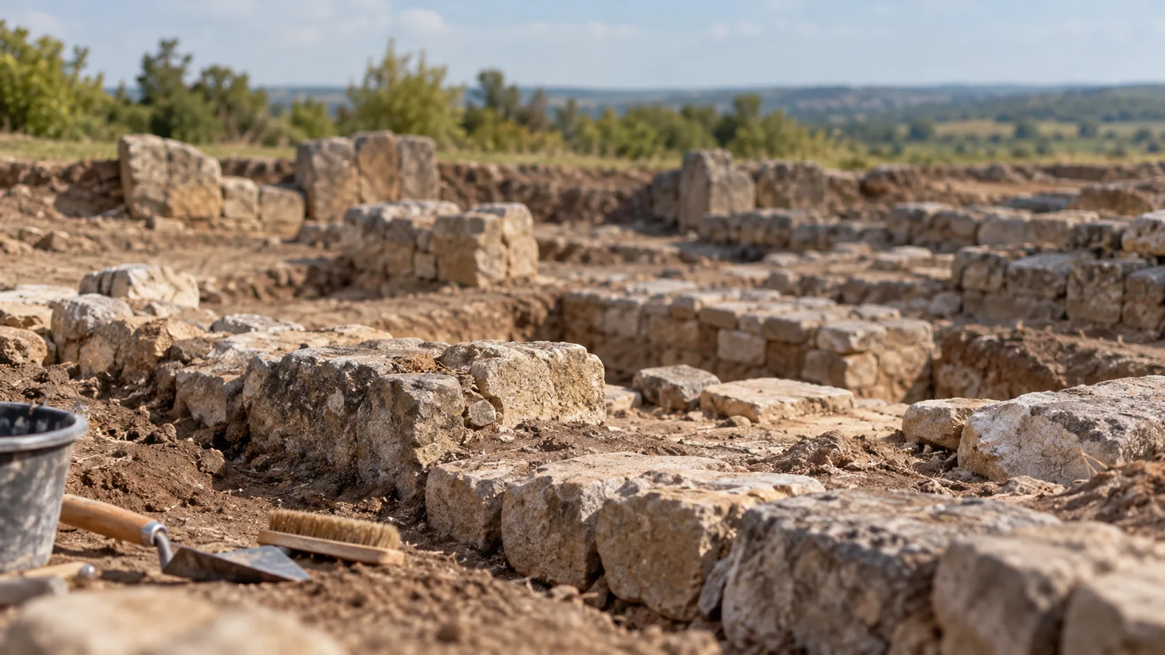 Freigelegte Natursteine und niedrige historische Mauerreste auf einer archäologischen Grabungsfläche.