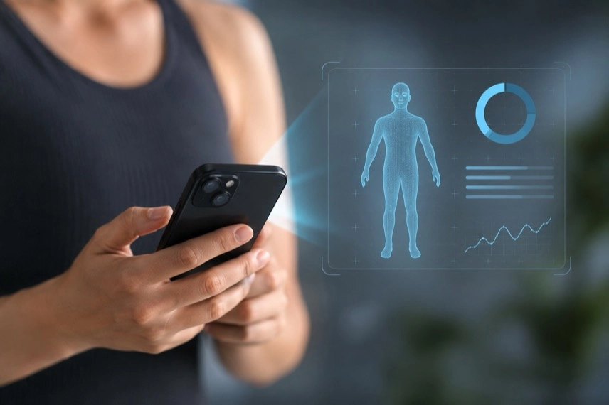 Smartphone mit gesichtsloser Körpersilhouette zur KI-gestützten Analyse von Körperfett und Körperzusammensetzung