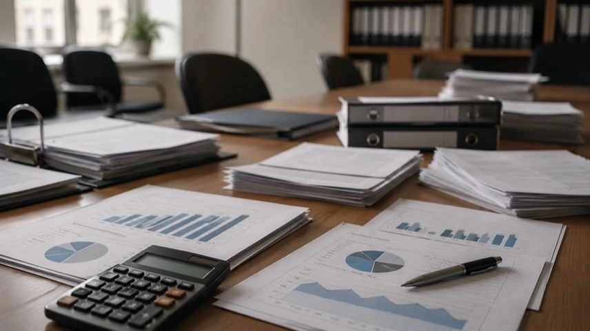 Haushaltsunterlagen, Finanzdiagramme und Akten auf einem Sitzungstisch zur kommunalen Finanzplanung