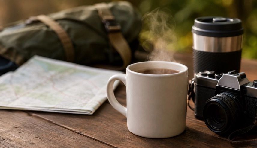 Kompakte Kaffeemaschine mit Thermobecher auf Campingtisch vor neutralem Wohnmobil
