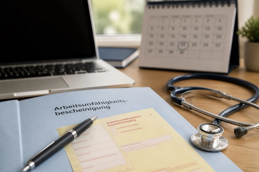 Schreibtisch mit Laptop, Formularmappe, Stethoskop und unscharfem Kalender im Hintergrund