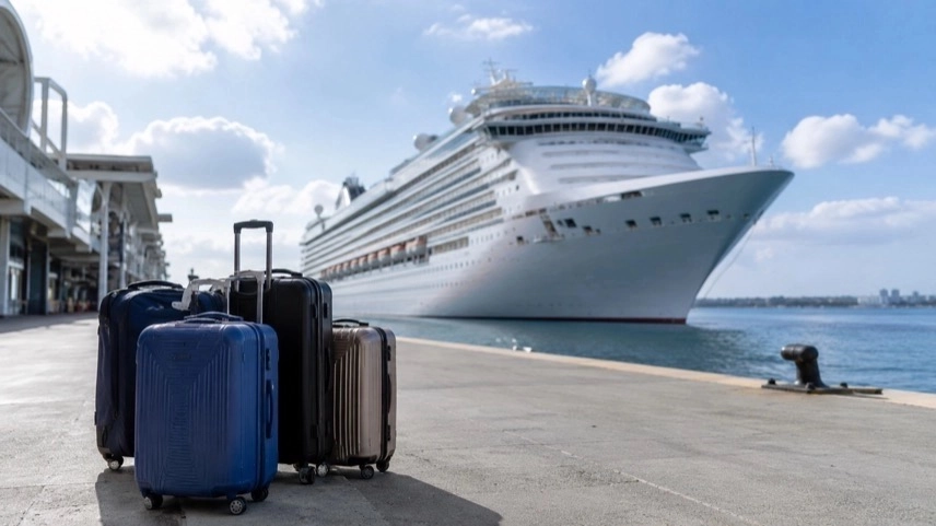 Modernes Kreuzfahrtschiff im Hafen von Singapur mit Reisekoffern am Terminal nach abgesagter Kreuzfahrt