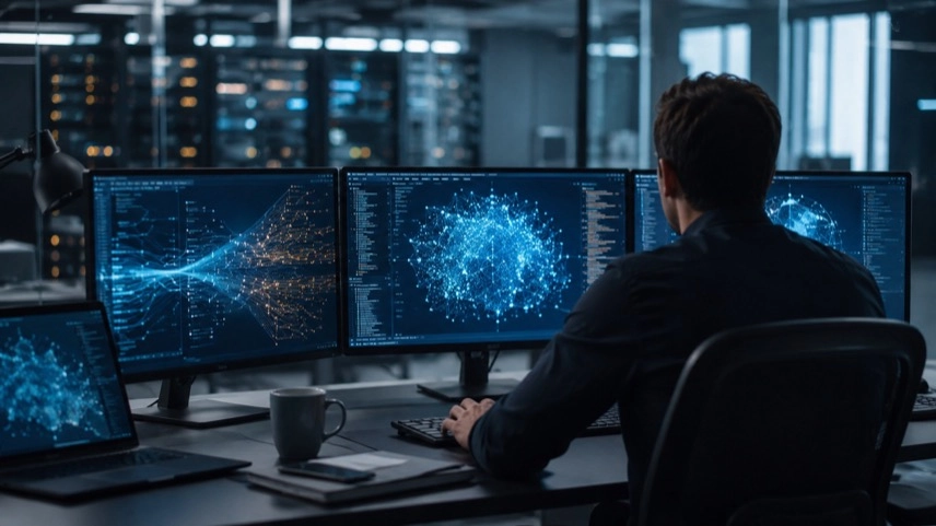 Arbeitsplatz mit Bildschirmen, digitalen Netzwerken, Datenanalysen und Künstlicher Intelligenz in moderner IT-Umgebung
